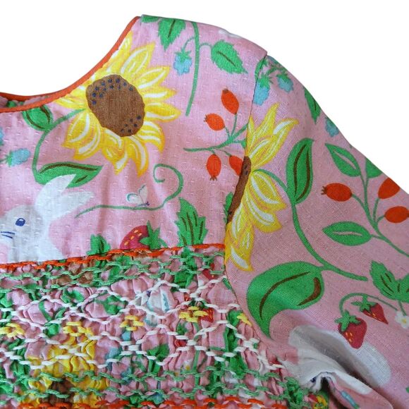 Mini Boden Pink Floral Bunnies Summer Sunflowers Dress Size 2-3Y Embroidered Euc - Picture 4 of 16